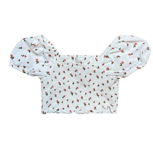 AMERICAN EAGLE Smocked Puff Sleeve Crop Top White Size Medium - Picture 3 of 6